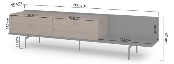 Comodă TV Zenar 200 cm cu picioare metalice - nuc elegant / negru
