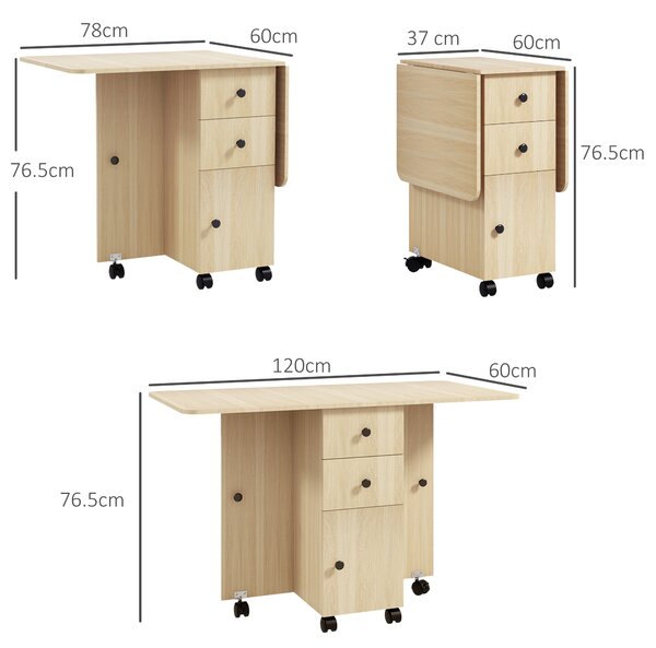 HOMCOM Masă de Bucătărie Pliabilă, Masă Rabatabilă cu Roți și Frâne pentru 6 Persoane, Birou Pliabil cu 2 Sertare și Dulap, pentru Living, 120x60x76.5 cm, Lemn Natural | Aosom Romania