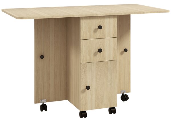 HOMCOM Masă de Bucătărie Pliabilă, Masă Rabatabilă cu Roți și Frâne pentru 6 Persoane, Birou Pliabil cu 2 Sertare și Dulap, pentru Living, 120x60x76.5 cm, Lemn Natural | Aosom Romania