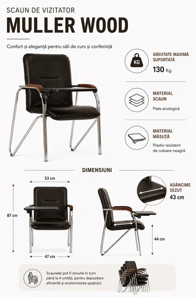 Scaun vizitator MULLER Wood cu masuta rabatabila, Wenge piele ecologica