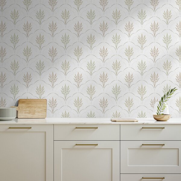 Tapet Grâu într-un ornament arcuit, pasteluri delicate pe fond alb, Tapet flori, a00607v1 : Uwalls.ro