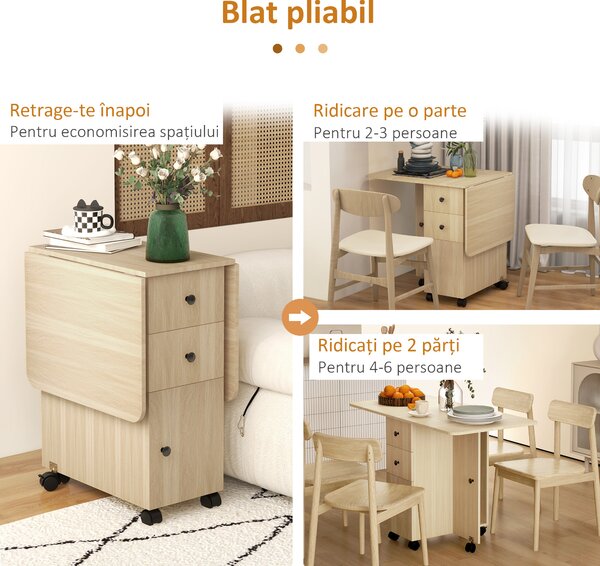 HOMCOM Masă de Bucătărie Pliabilă, Masă Rabatabilă cu Roți și Frâne pentru 6 Persoane, Birou Pliabil cu 2 Sertare și Dulap, pentru Living, 120x60x76.5 cm, Lemn Natural | Aosom Romania
