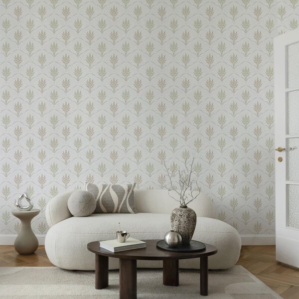Tapet Grâu într-un ornament arcuit, pasteluri delicate pe fond alb, Tapet flori, a00607v1 : Uwalls.ro