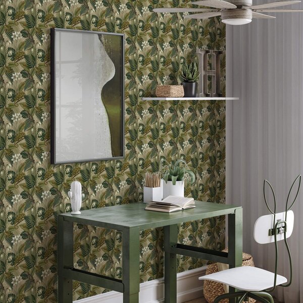 Tapet Cameleoni și frunze tropicale, flori albe, fundal bej, Tapet flori, a00608 : Uwalls.ro