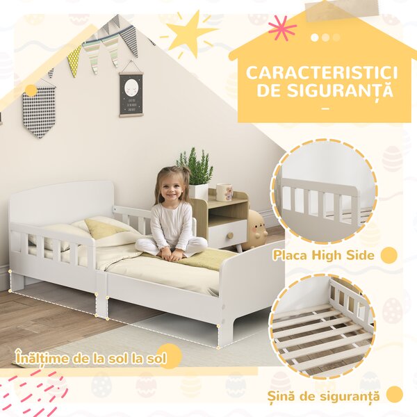 AIYAPLAY Pat pentru Copii 3-8 Ani cu Protecții Laterale 143.5x74.2x54 cm Alb | Aosom Romania
