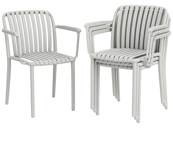 Outsunny Set 4 Scaune de Grădină Stackabile din Polipropilenă Anti-UV, Design Lamelar cu Cotiere, pentru Terasă Balcon Exterior Interior, Gri | Aosom Romania