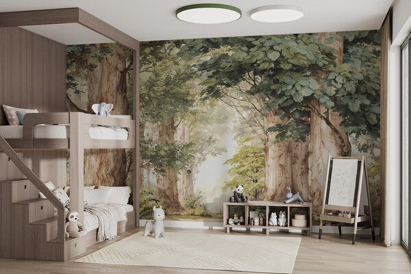 Tapet Potecă forestieră printre copaci maiestuoși, în stil acuarelă, Fototapet Natură, w09404 : Uwalls.ro