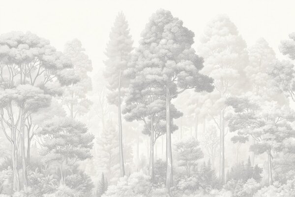 Tapet Peisaj forestier artistic realizat prin tehnica hașurării grafice alb-negru, Fototapet Natură, w09411 : Uwalls.ro