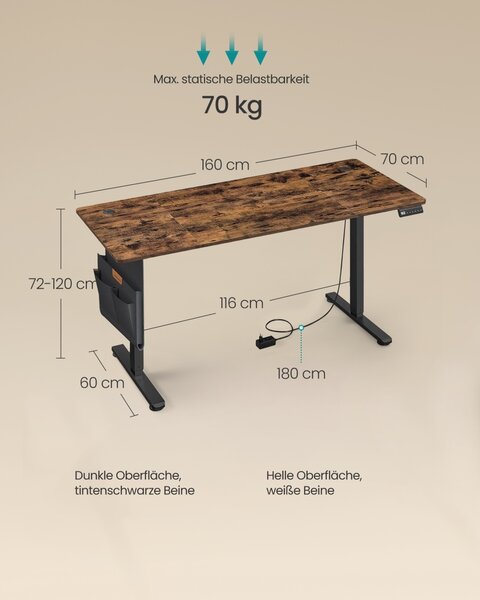 Birou reglabil pe inaltime, Balok, Songmics, Maro, 160x70x120 cm