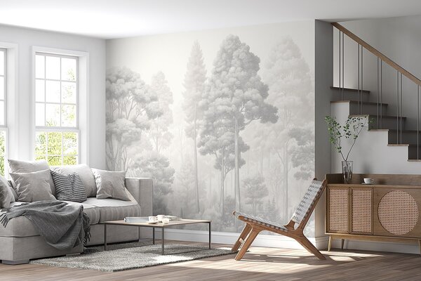 Tapet Peisaj forestier artistic realizat prin tehnica hașurării grafice alb-negru, Fototapet Natură, w09411 : Uwalls.ro