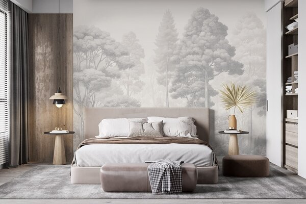 Tapet Peisaj forestier artistic realizat prin tehnica hașurării grafice alb-negru, Fototapet Natură, w09411 : Uwalls.ro