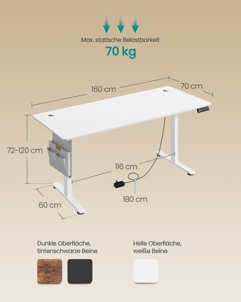 Birou reglabil pe inaltime, Balok, Songmics, Alb, 160x80x120 cm