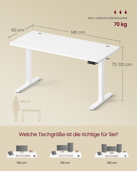 Birou reglabil pe inaltime, Balok, Vasagle, Alb, 140x60x120 cm