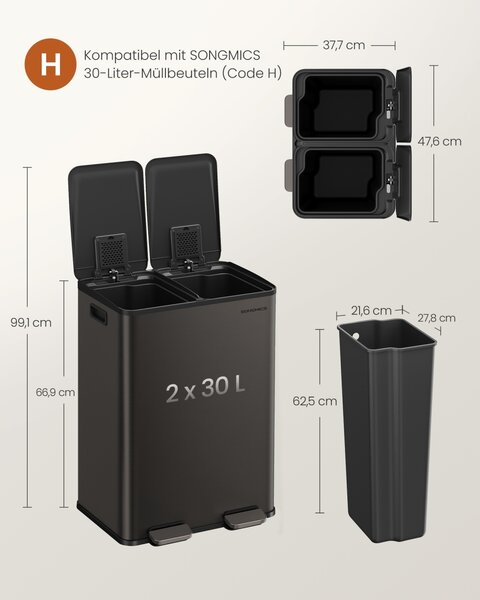 Cos de gunoi reciclare, Pary, Songmics, Gri, 47.6x37.7x66.9 cm