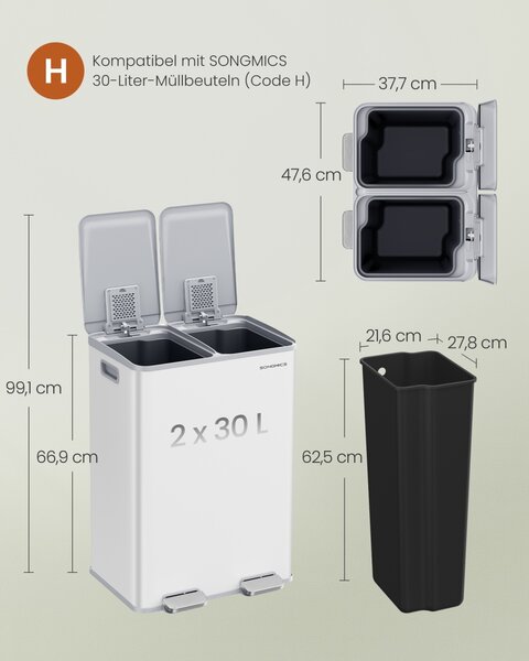 Cos de gunoi reciclare, Pary, Songmics, Alb, 47.6x37.7x66.9 cm