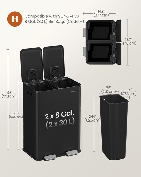 Cos de gunoi reciclare, Pary, Songmics, Negru, 47.6x37.7x66.9 cm