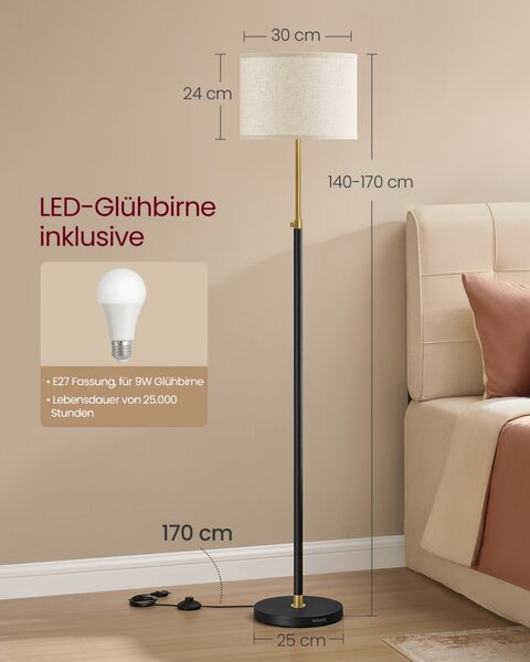 Lampadar LED, Lusia, Vasagle, Negru, 30x30x171 cm