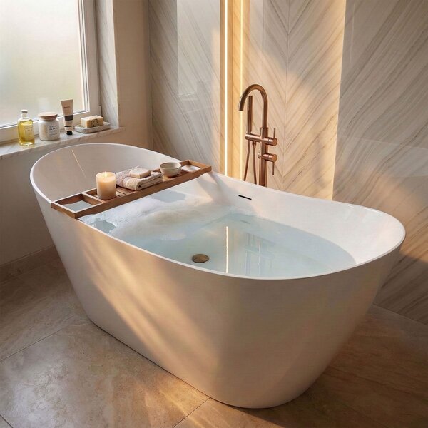 Cadă de baie independentă Rea FERRANO Slim 1520×730×670 mm, albă, capac de scurgere alb, REA-W0080
