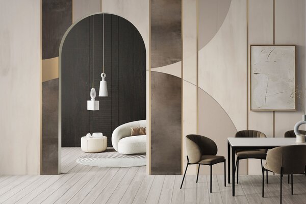 Tapet Panouri geometrice cu arcuri și accente de culoarea șampaniei, Fototapet Geometrie, w04616 : Uwalls.ro