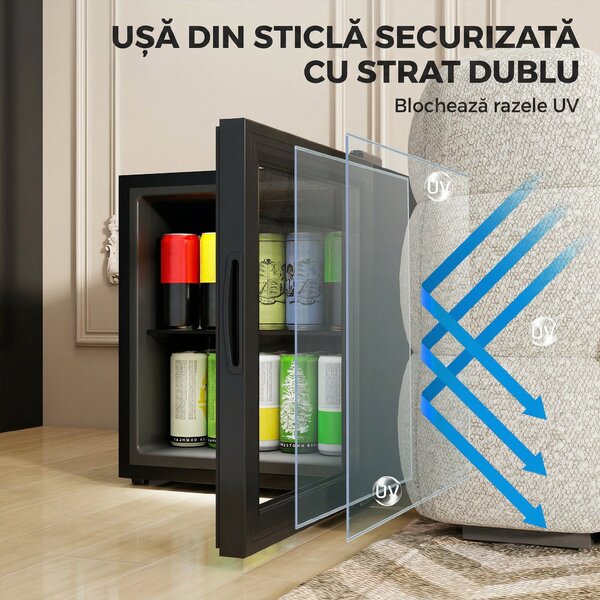 HOMCOM Frigider 46L, 59 Cutii, Ușă din Sticlă, Raft Temperat, LED, Touchscreen, pentru Bucătărie Birou Dormitor Bar, Negru | Aosom Romania