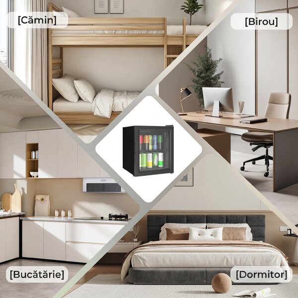 HOMCOM Frigider 46L, 59 Cutii, Ușă din Sticlă, Raft Temperat, LED, Touchscreen, pentru Bucătărie Birou Dormitor Bar, Negru | Aosom Romania