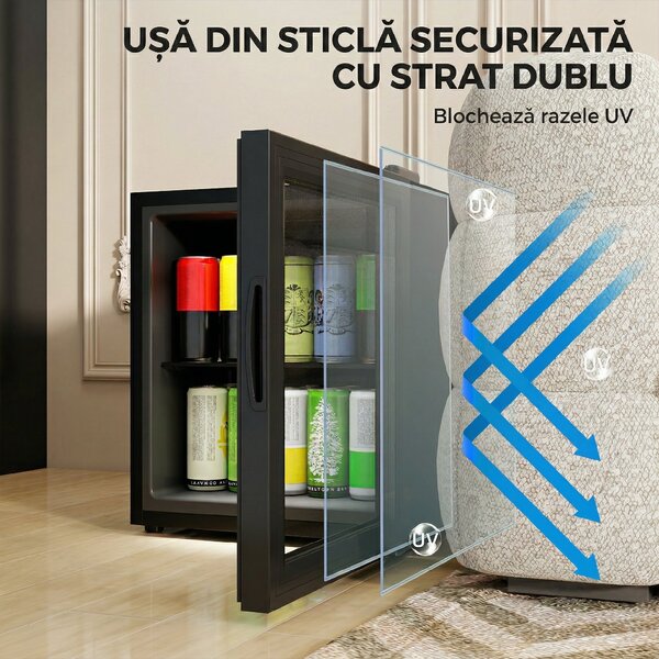 HOMCOM Frigider 46L, 59 Cutii, Ușă din Sticlă, Raft Temperat, LED, Touchscreen, pentru Bucătărie Birou Dormitor Bar, Negru | Aosom Romania