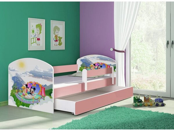 Pat copii cu sertar si saltea Mickey si Minnie Mouse roz si protectie anticadere