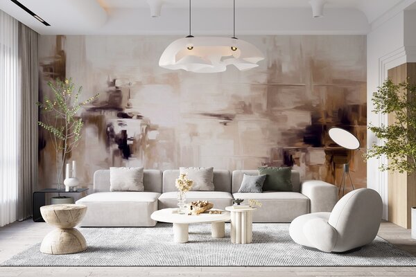 Tapet Imitare de pictură abstractă cu textură peisagistică, cu pensule maro și albe, stil modern, Fototapet Abstract, w09422v1 : Uwalls.ro