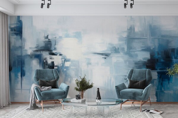 Tapet Imitare de pictură abstractă cu textură peisagistică, cu pensule albastre și albe, stil modern, Fototapet Abstract, w09422 : Uwalls.ro