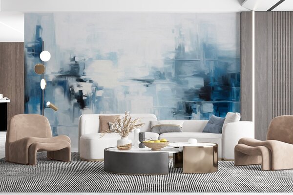 Tapet Imitare de pictură abstractă cu textură peisagistică, cu pensule albastre și albe, stil modern, Fototapet Abstract, w09422 : Uwalls.ro