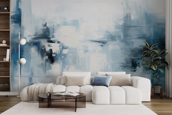 Tapet Imitare de pictură abstractă cu textură peisagistică, cu pensule albastre și albe, stil modern, Fototapet Abstract, w09422 : Uwalls.ro