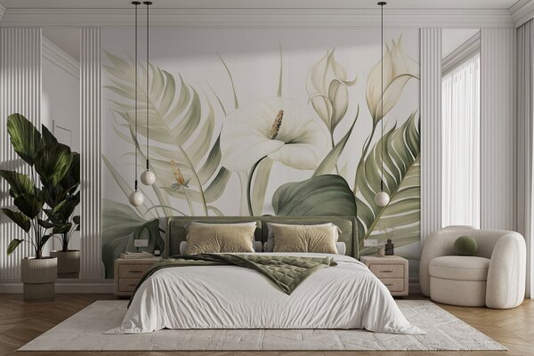 Tapet Calla albe și frunze tropicale verzi, ilustrație botanică, fundal deschis, stil vintage, texturat, Fototapet Flori, w09423 : Uwalls.ro