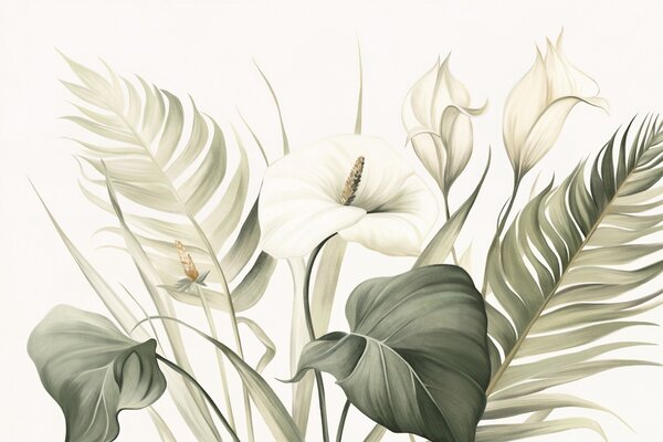 Tapet Calla albe și frunze tropicale verzi, ilustrație botanică, fundal deschis, stil vintage, texturat, Fototapet Flori, w09423 : Uwalls.ro