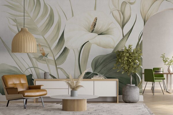 Tapet Calla albe și frunze tropicale verzi, ilustrație botanică, fundal deschis, stil vintage, texturat, Fototapet Flori, w09423 : Uwalls.ro