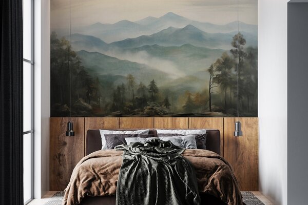 Tapet Lanț muntos în ceață, cu copaci, ceață, cer înnorat, culori estompate, stil pictural peisagistic, Fototapet Natură, w09424 : Uwalls.ro