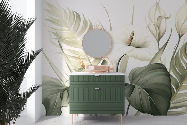 Tapet Calla albe și frunze tropicale verzi, ilustrație botanică, fundal deschis, stil vintage, texturat, Fototapet Flori, w09423 : Uwalls.ro