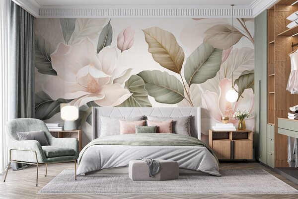 Tapet Flori de magnolie cu frunze în culori pastelate, alb, roz și verde, delicate, în stil acuarelă, Fototapet Flori, w09427 : Uwalls.ro