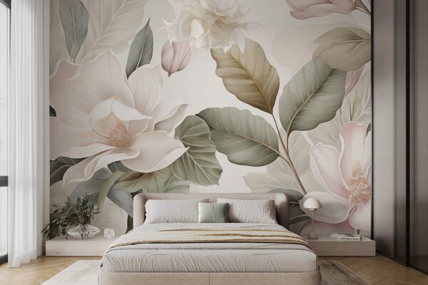 Tapet Flori de magnolie cu frunze în culori pastelate, alb, roz și verde, delicate, în stil acuarelă, Fototapet Flori, w09427 : Uwalls.ro