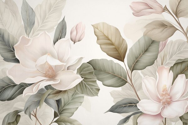 Tapet Flori de magnolie cu frunze în culori pastelate, alb, roz și verde, delicate, în stil acuarelă, Fototapet Flori, w09427 : Uwalls.ro