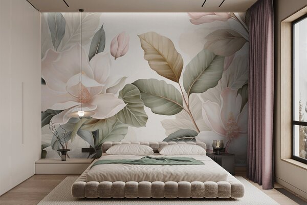 Tapet Flori de magnolie cu frunze în culori pastelate, alb, roz și verde, delicate, în stil acuarelă, Fototapet Flori, w09427 : Uwalls.ro