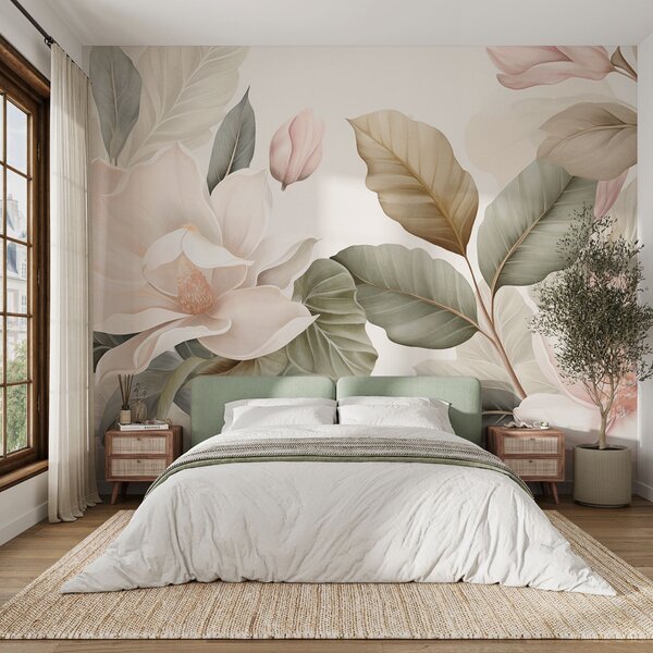 Tapet Flori de magnolie cu frunze în culori pastelate, alb, roz și verde, delicate, în stil acuarelă, Fototapet Flori, w09427 : Uwalls.ro