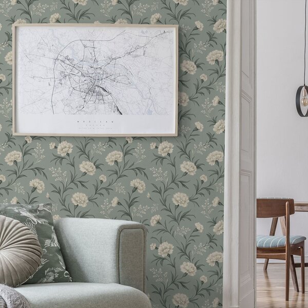 Tapet Garoafe pudrate pe fond gri-albastru, imprimeu rafinat, Tapet flori, a00610 : Uwalls.ro