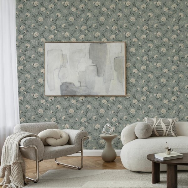 Tapet Garoafe pudrate pe fond gri-albastru, imprimeu rafinat, Tapet flori, a00610 : Uwalls.ro