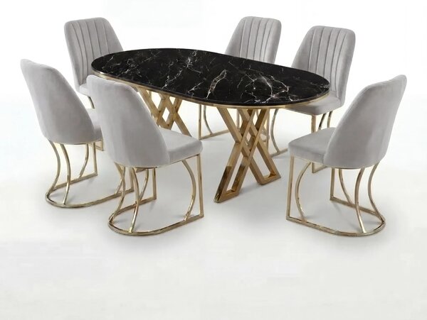 Set Masa şi 6 Scaune Monza, Stil Elegant, Detalii Aurii, 90x180 cm, Blat Marmorat Negru