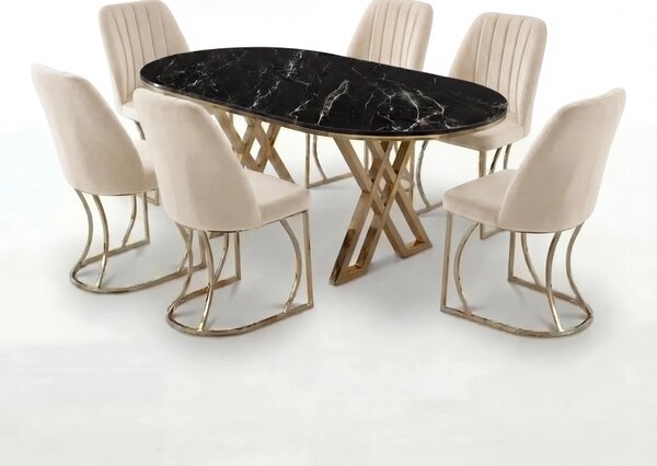 Set Masa şi 6 Scaune Monza, Stil Elegant, Detalii Aurii, 90x180 cm, Blat Marmorat Negru