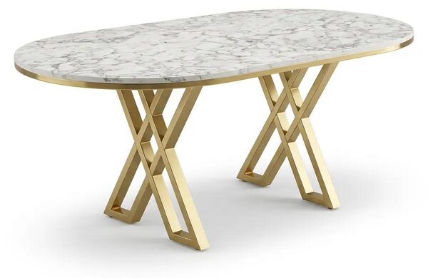 Set Masa şi 6 Scaune Monza, Stil Elegant, Detalii Aurii, 90x180 cm, Blat Marmorat Alba