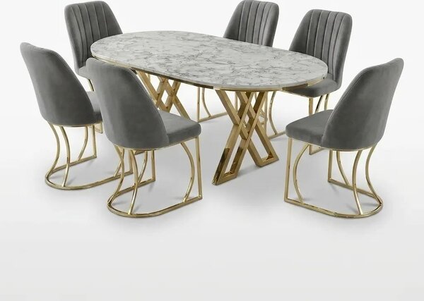 Set Masa şi 6 Scaune Monza, Stil Elegant, Detalii Aurii, 90x180 cm, Blat Marmorat Alba