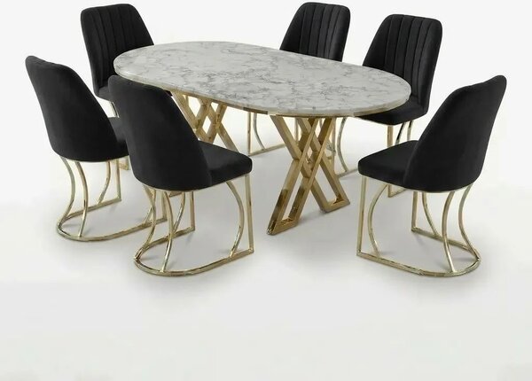 Set Masa şi 6 Scaune Monza, Stil Elegant, Detalii Aurii, 90x180 cm, Blat Marmorat Alba
