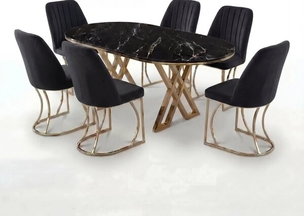 Set Masa şi 6 Scaune Monza, Stil Elegant, Detalii Aurii, 90x180 cm, Blat Marmorat Negru