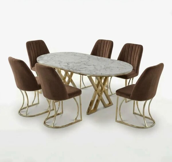 Set Masa şi 6 Scaune Monza, Stil Elegant, Detalii Aurii, 90x180 cm, Blat Marmorat Alba
